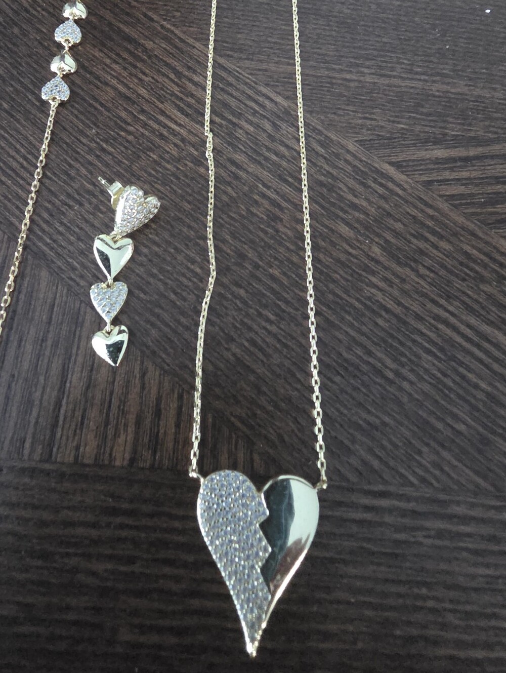 14k Gold Plated Heart Pendant Necklace and Earring Set - Sparkling Pave Accent